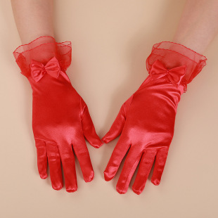 Factory direct short satin bow gloves French retro elegant mesh satin stitching gloves