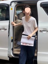 章若楠同款v领上衣女大领口正肩t恤短袖夏宽松慵懒风白色穿搭内搭