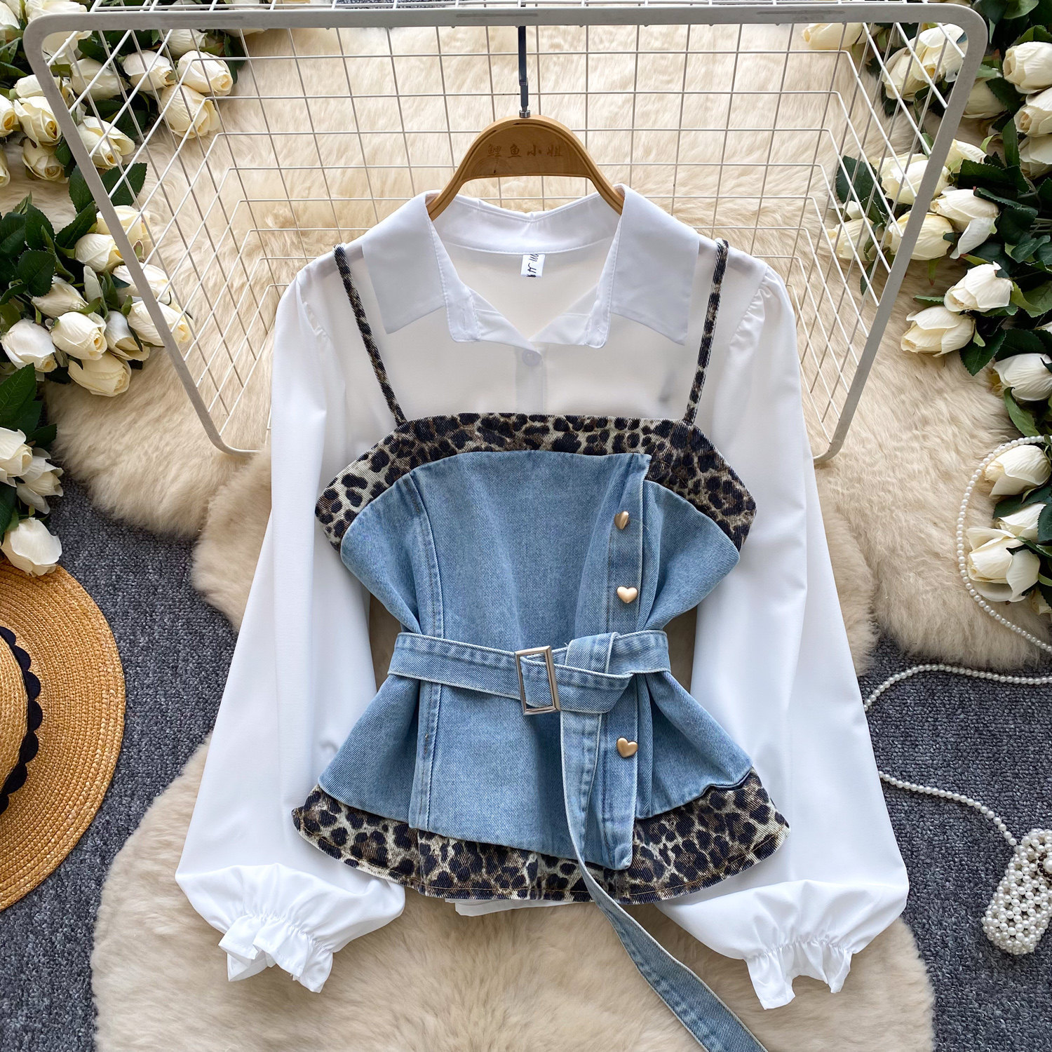 French Retro Women's Leopard Print Two-piece Vest Set With Belt_voghion.com