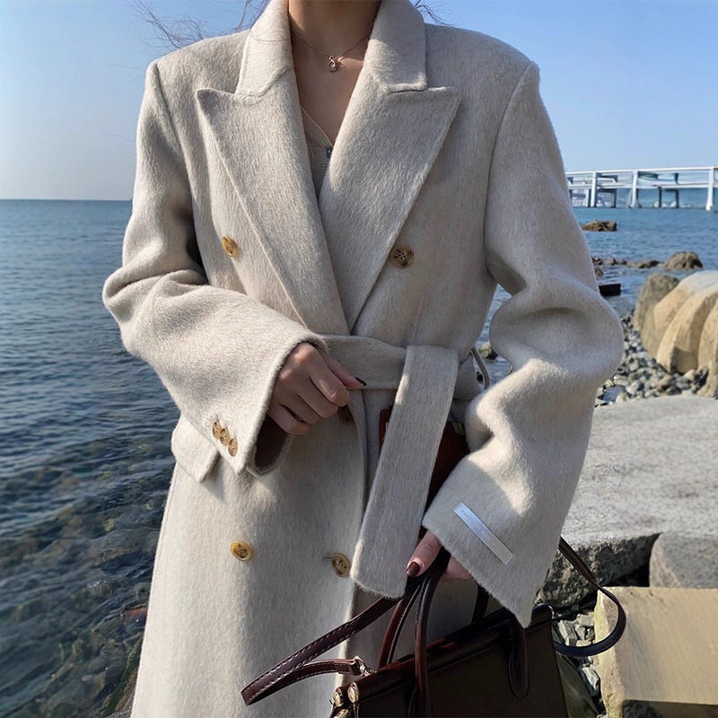 [2238] Suit, Right Shoulder, Slim Fit Wool Outwear, Women's Long Classy Belted Double-Breasted Woolen Outwear