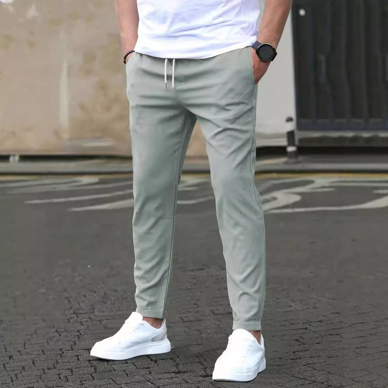 Autumn 2024 New Casual Slim Fit Leather Standard Cropped Pants Solid Color Casual Pocket Pants