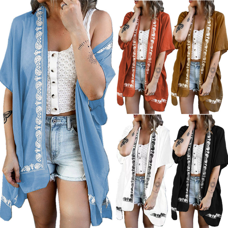 欧美跨境亚马逊夏季罩衫新款 花纹宽松沙滩防晒衫中袖开夏款女装