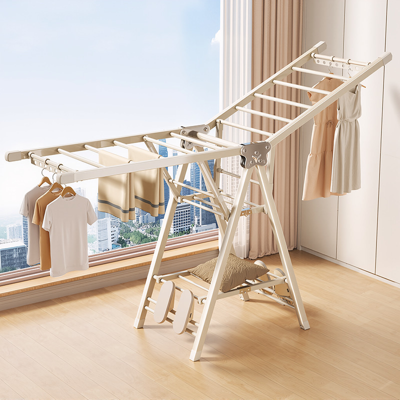 Installation-Free Folding Clothes Drying Rack Floor-Standing Bedroom Balcony Adjustable Clothes Drying Rack Indoor and Outdoor Baby Clothes Hanging Rod