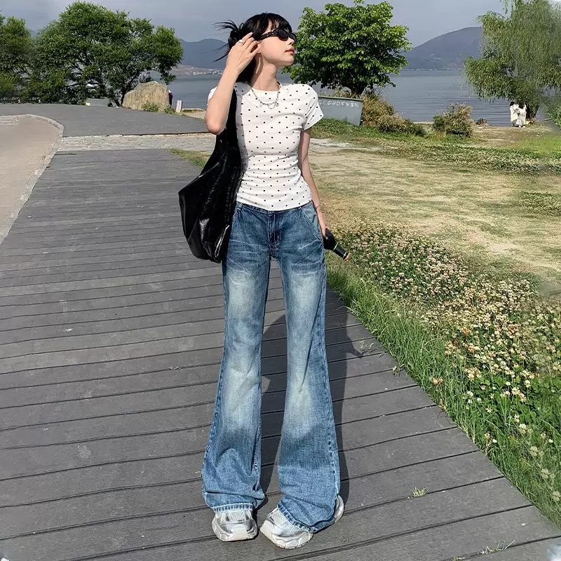 不贴腿牛仔高腰休闲显瘦复古蓝宽松微喇牛仔裤女夏日遮胯牛仔长裤