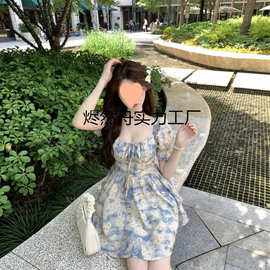 大码法式茶歇碎花连衣裙女新款夏季裙子胖遮肚显瘦字短裙