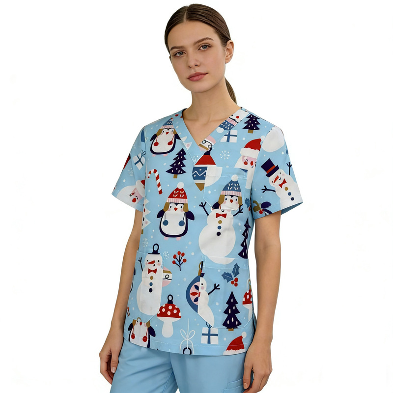 Cross-Border Printed T-Shirt Short-Sleeved V-Neck Dental Oral Scrubbing Uniform Beauty Salon Pet Hospital Doctor Nurse Work Uniform