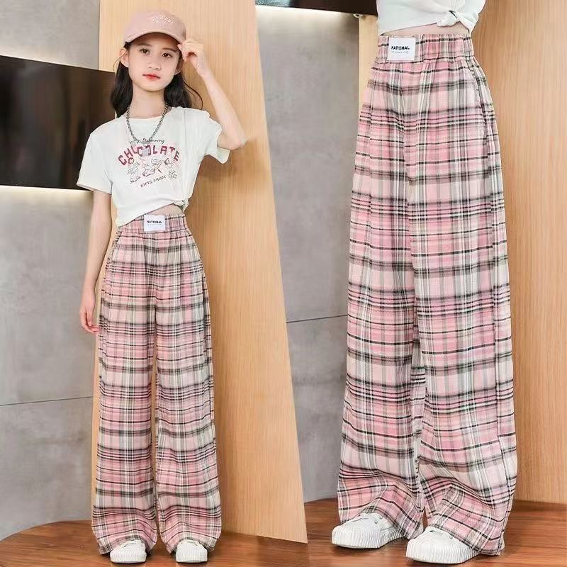 Girls' Summer Pants 2025 New Children's Thin Plaid Pants Ice Silk Anti-Mosquito Straight Pants Big Kids Summer Outfit Girls