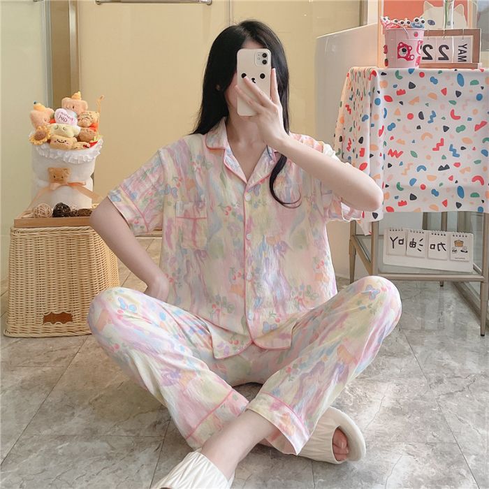 Pijamas transfronterizos al por mayor para mujer nube algodón otoño verano rebeca solapa pantalones de manga corta traje de servicio a domicilio simple y cómodo