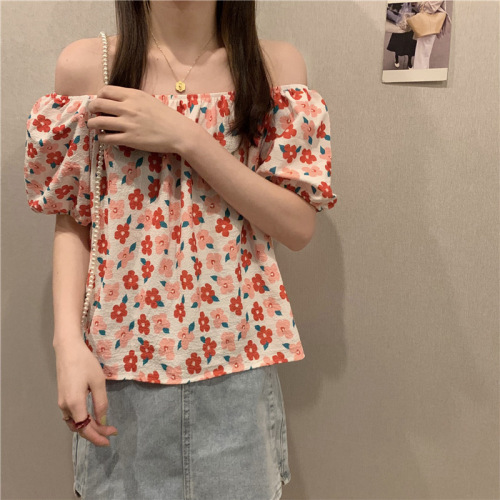 European and American loose floral puff sleeves round neck one-shoulder two-wear shirt casual floral summer new Korean style floral