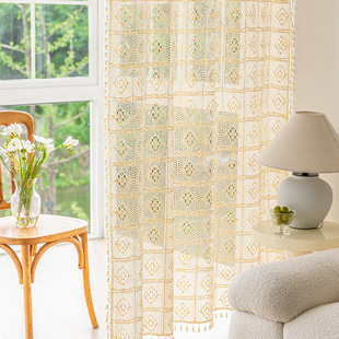 American Finely Woven Cut Out Lace Yarn Crochet Beige Window Screen Semi-Transparent Living Room Balcony Bedroom Finished Bay Window