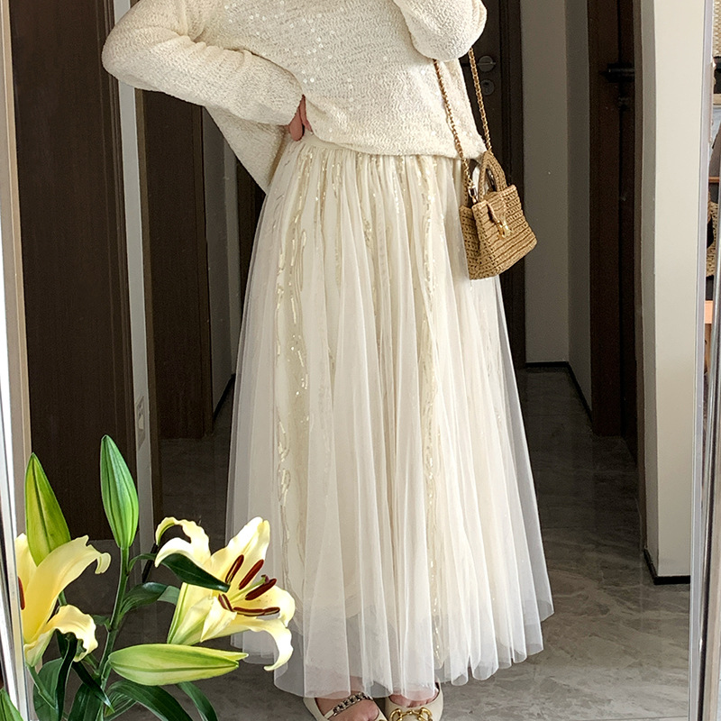 Shuangtian 2026 Spring Women's Fashion Plus Size Skirt for Plus-Size Girls, Fashionable Sequin Mesh Elastic Waist Skirt 9306