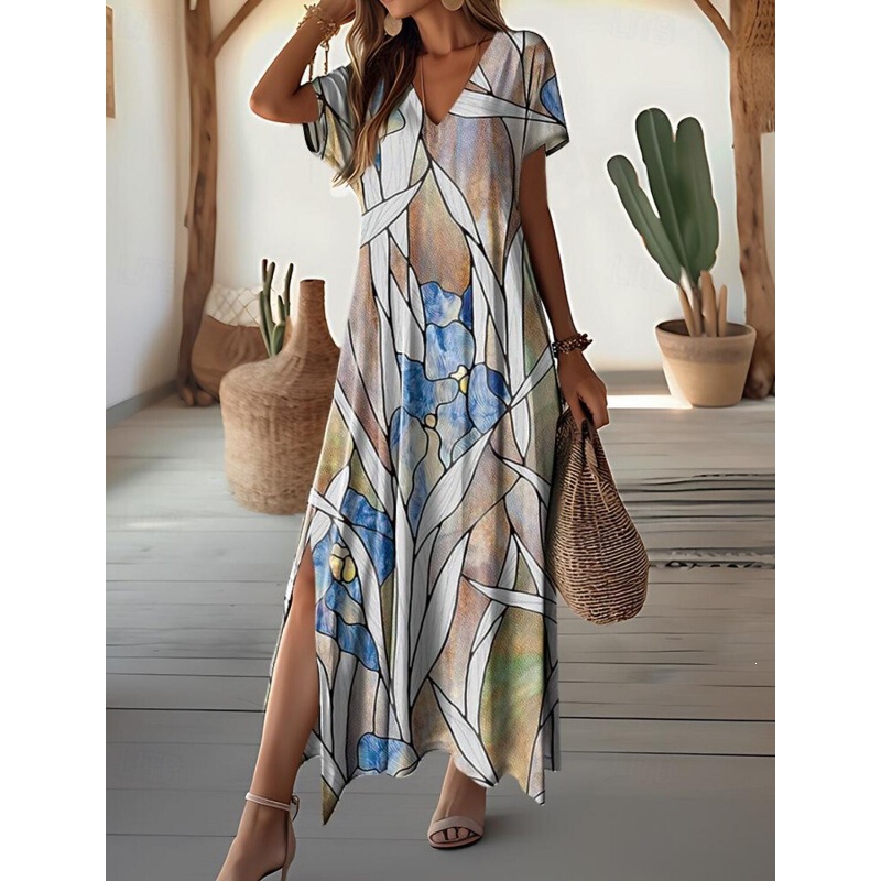 2026 New Summer Maxi Dress Casual V-Neck Bohemian Peacock Print Floral Long Dress