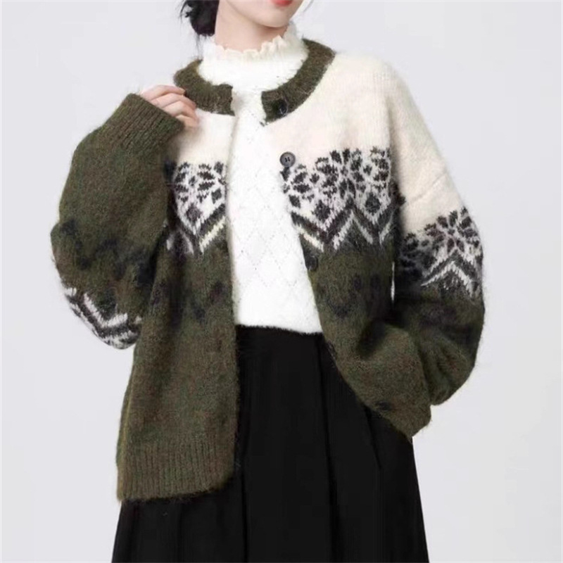 费尔岛欧美跨境秋冬季女式针织衫复古北欧圣诞雪花提花毛衣女外套|undefined