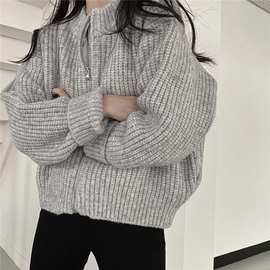 韩国秋冬新款复古慵懒宽松拉链麻花毛衣外套女粗线针织开衫
