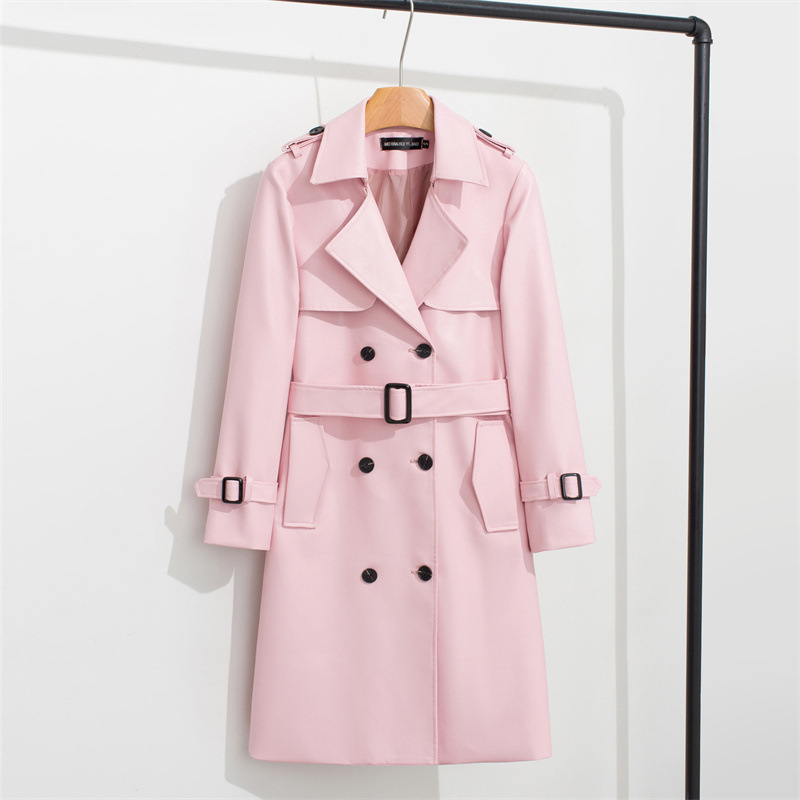 2026 Spring and Autumn New Design High-End Retro Pink Pu Leather Trench Coat Women's Loose Hong Kong Style 2026 Spring and Autumn New Design High-End Retro Pink Pu Leather Trench Coat Women's Loose Hong Kong Style