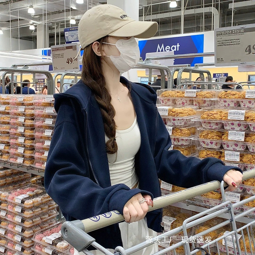 藏蓝色短款连帽卫衣外套女秋 小个子开衫长袖上衣女
