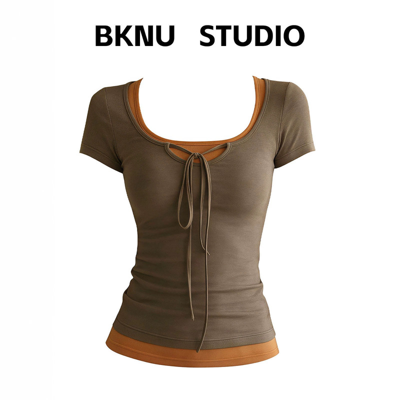 Gray-Brown Faux Two-Piece Square-Neck Short-Sleeve T-Shirt for Women, New Summer Style with Tie Design, Slim Fit, Exquisite Top