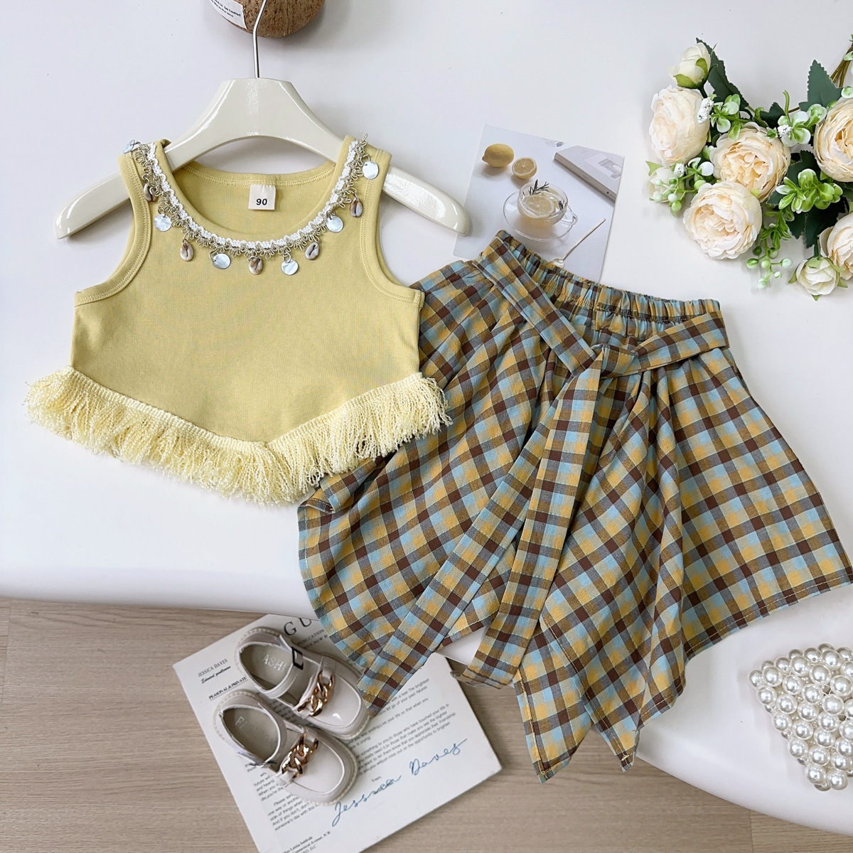 Girls Vest Suit Summer New Baby Girl Vacation Style Vest Top and Culottes Two-Piece Set Axb385