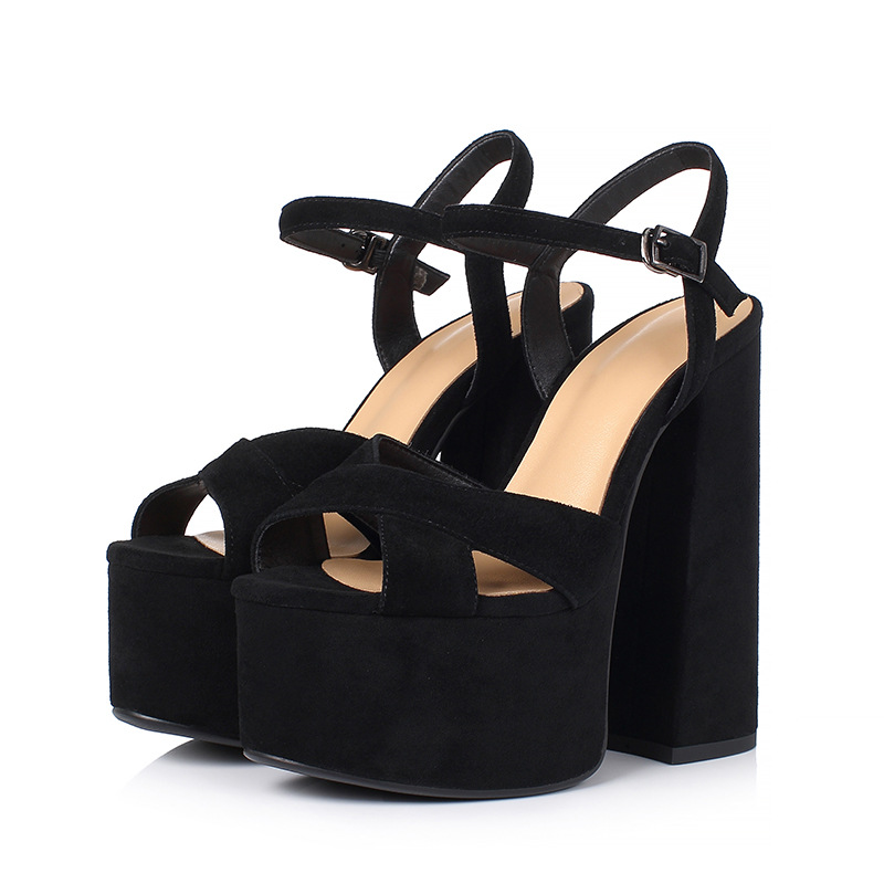 Sandal cao gót nữ mũi hở đế platform chunky da thật gót dày — Màu đen mờ