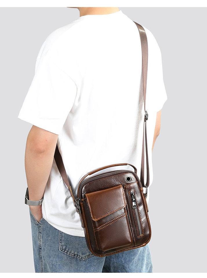 Túi đeo chéo nam da bò thật 17,5×5×21,5 cm kiểu mới đeo vai công sở — 7512 Đen vân vải, Cà phê, Cà phê đậm 7512, Màu nâu chi tiết 11