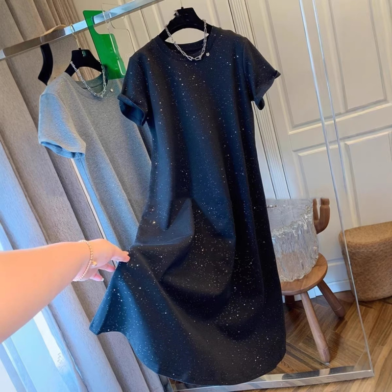 Plus Size 150kg Luxury Starry Rhinestone A-Line Short-Sleeve Dress for Women, Loose Straight T-Shirt Long Dress for Plus-Size Women Plus Size 150kg Luxury Starry Rhinestone A-Line Short-Sleeve Dress for Women, Loose Straight T-Shirt Long Dress for Plus-Size Women