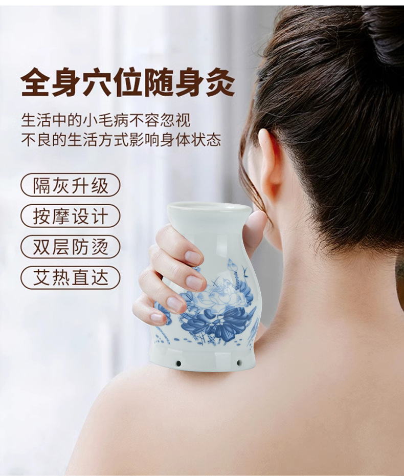 Ceramic Gua Sha Moxa Jar with Lotus Grain Sleeve for Back Massage and Warm Moxibustion overview