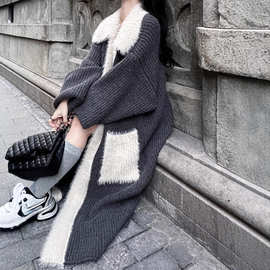 毛领过膝长款拼水貂绒毛毛高级感开衫毛衣秋冬宽松慵懒风外套加厚