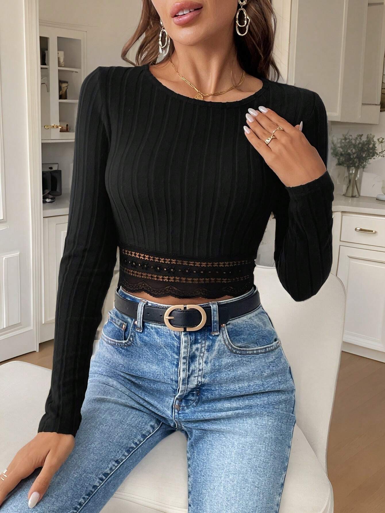 Voya Women's Simple And Versatile T-shirt With Spring And Summer Lace And Lace Trim, Slim Fit, Short Length, Long Sleeved Inner Top_ecoleips.com