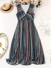X 72981 Striped Print V Neck Sleeves Dress �l�yӡ���B��