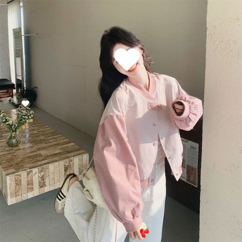 H8A粉色短款棒球服外套女春秋2025新款小个子百搭|undefined