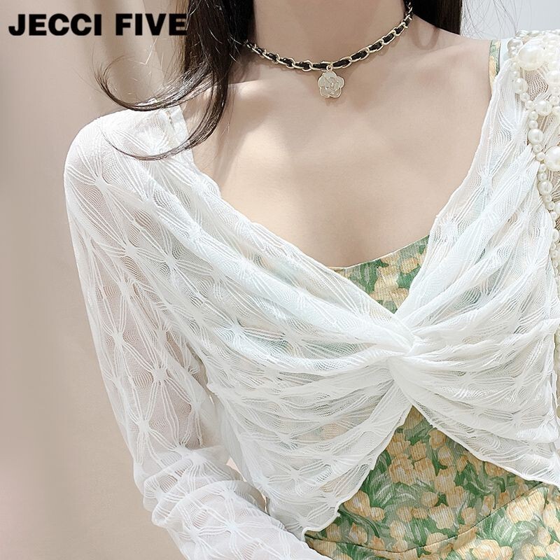 Women's Summer Short Sun Protection Mesh Shawl, Fashionable High-End Lace Top, Thin Outer Blouse