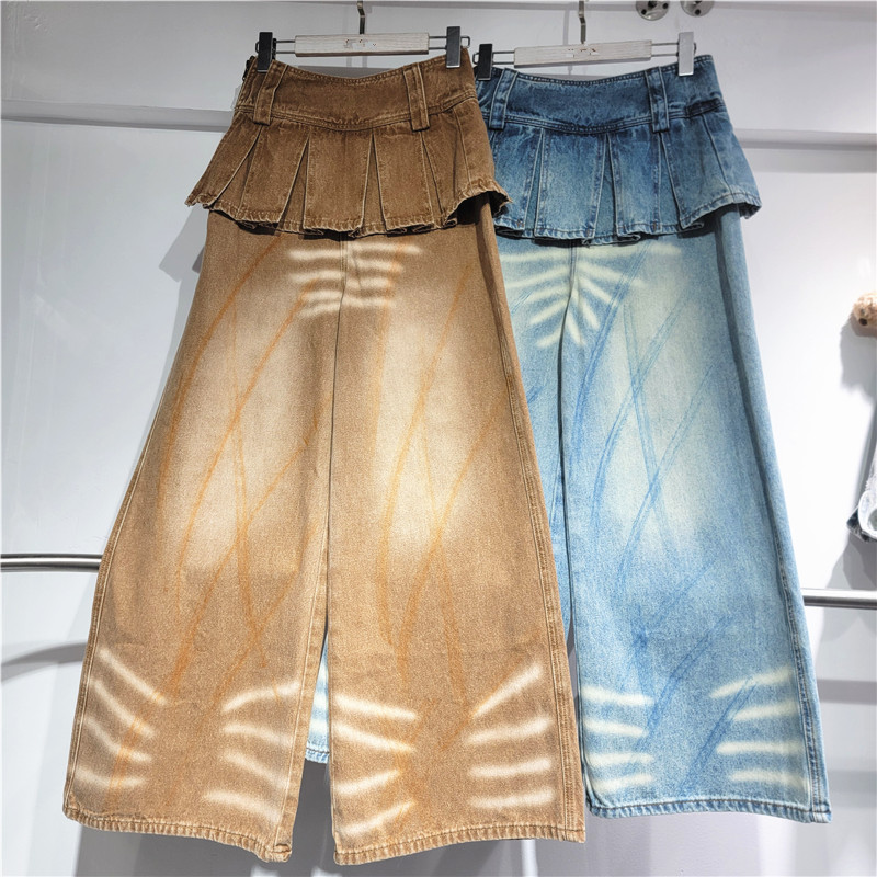 Vintage coreano hace jeans de color antiguo primavera y otoño para mujeres pantalones largos de piernas anchas pantalones falsos de dos piezas de pantalones delgados