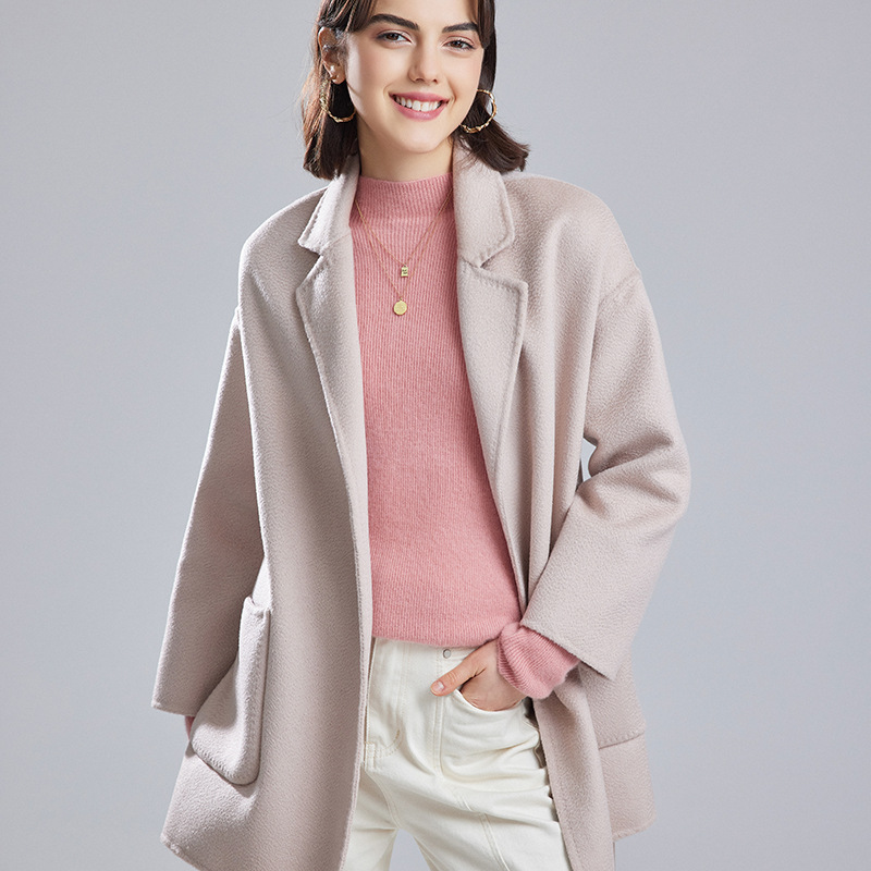 秋冬新款双面呢大衣女澳洲细羊毛水波纹中长款纯色羊毛呢子外套