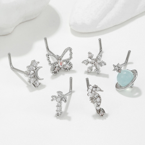 Cross-border hot-selling European and American trendy new 7-character nose nail stainless steel piercing 18k geometric nose jewelry directly supplied from the manufacturer