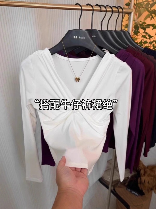 高级小众不撞衫扭结交叉领上衣女秋季新款韩版百搭显瘦V领长袖T恤|undefined
