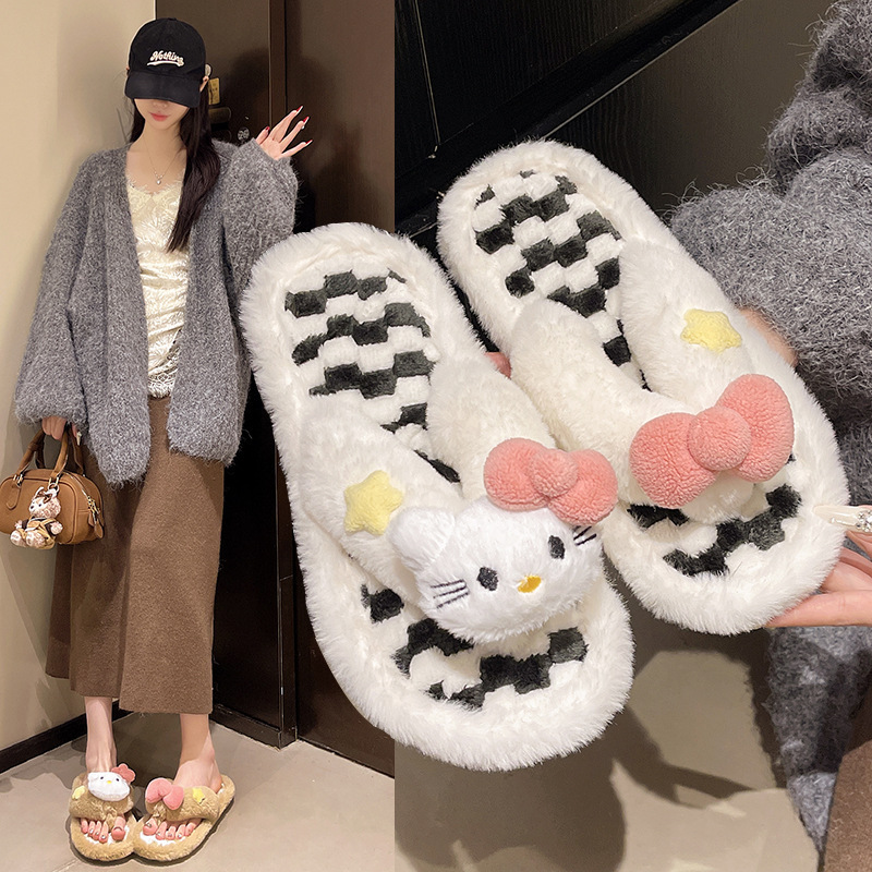Cute Cat Bow Plush Flip-Flops for Women Autumn and Winter Checkerboard Home Slippers Warm Non-Slip Furry Slippers