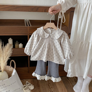 Dianxi 2025 New Autum Style Infant and Toddler Style Split Suit for Baby Girl Full-Print Shirt and Bell-Bottom Pants Two-Piece Set