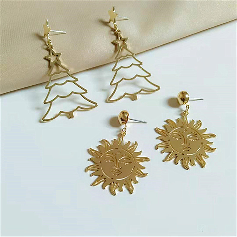 10g Weight Drop Earrings Classification Iron Chain Material 1 Pair Christmas Fashion Christmas Tree Sun Plating Alloy Drop Earrings