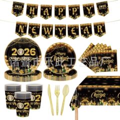 新 2026 ブラックゴールド新年パーティー食器セット使い捨てパーティー装飾テーブルクロス pe テーブルクロス新年食器