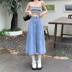 大きいサイズのハイウエスト春夏デニムスカートレディースカレッジスタイルお腹カバー痩身ミドル丈Aラインアンブレラスカートドロップシッピング