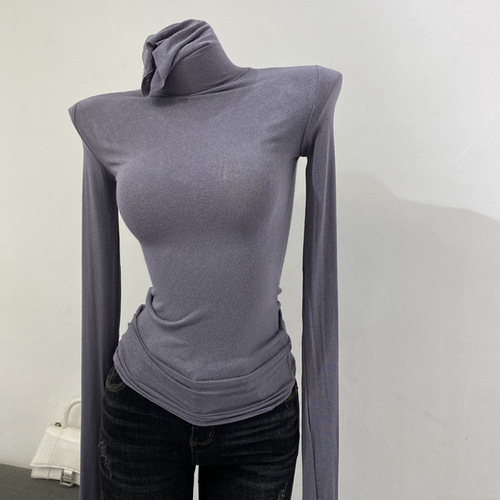 Thin and soft—Korean-style ruffled-neck long-sleeved T-shirt, high-neck base layer top for women, slim-fit slightly sheer top, new autumn/winter style.