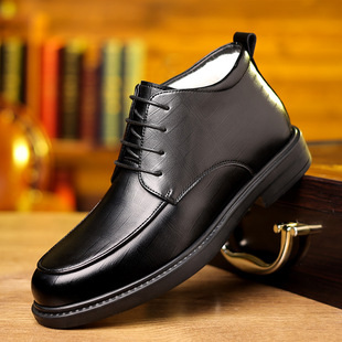 High-top casual leather shoes men's business men's shoes winter fleece-lined warm lace-up cotton shoes men's cotton leather shoes a generation of hair
