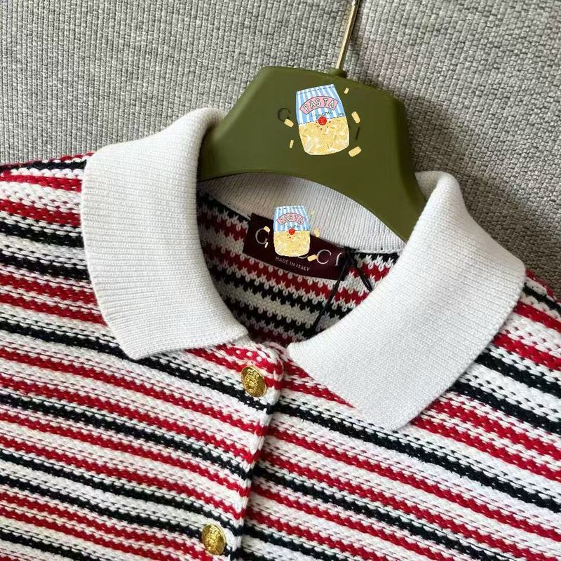 G's 正規バージョン ストライプ シングルブレスト ポロカラー 半袖 ポロシャツ レディース レッド 新品|undefined