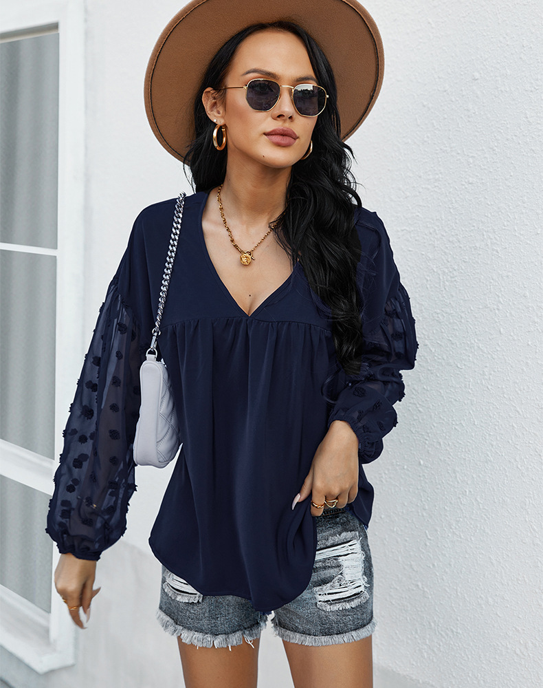 Stitching Long-Sleeved V Neck Solid Color Top NSDY114688