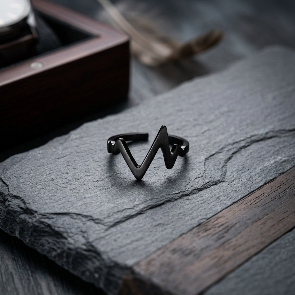 Black heartbeat ring for men and women, adjustable open design, unique geometric line ring, niche minimalist style jewelry wholesale