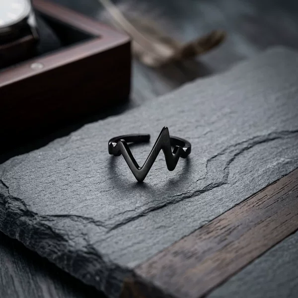 Black heartbeat ring for men and women, adjustable open design, unique geometric line ring, niche minimalist style jewelry wholesale