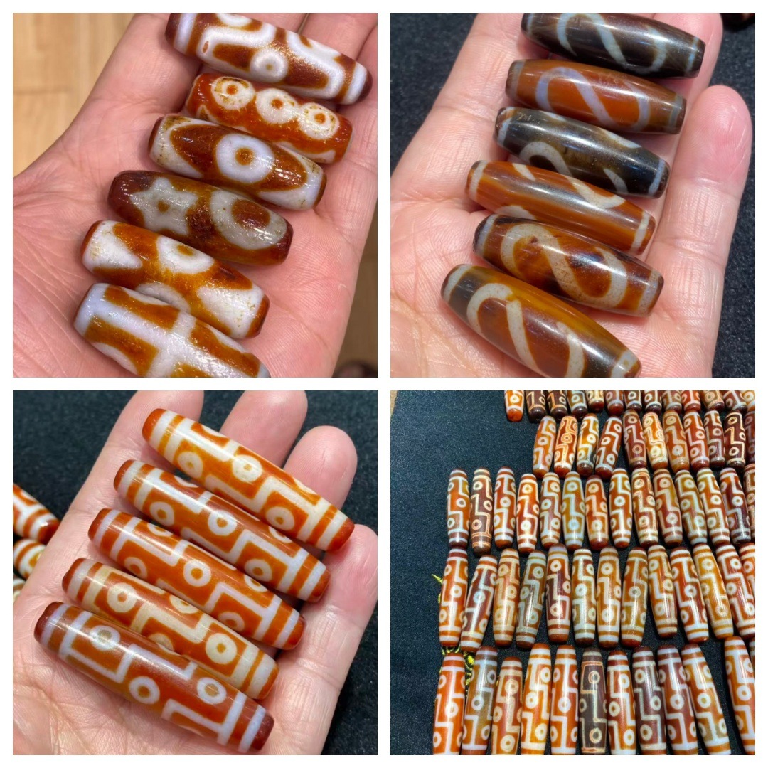 Red agate dzi beads with weathered patina, nine-eyed treasure vase, two-eyed lotus, S-hook, loose beads, and matching beads.