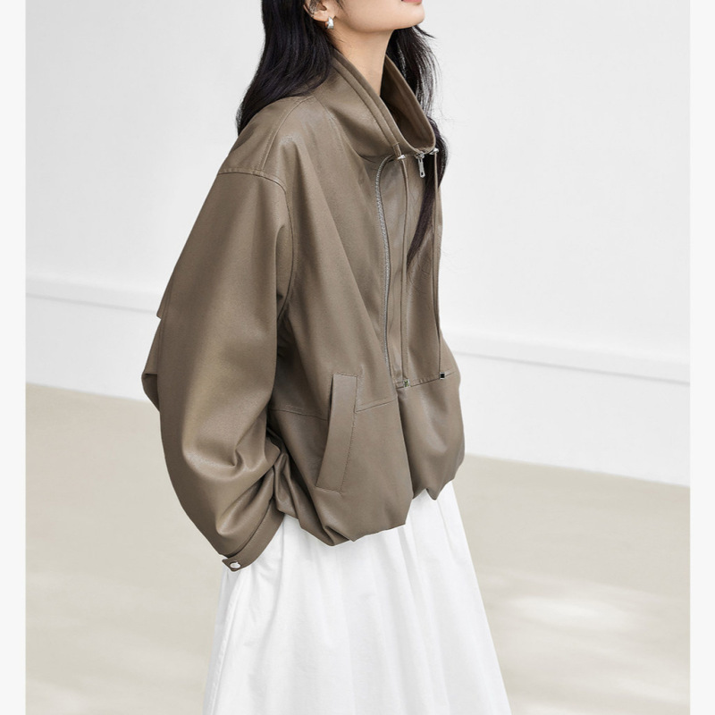 Pre-Sale Soft Pu Leather Short Jacket for Women 2026 Spring New Design Stand Collar Drawstring Casual Jacket