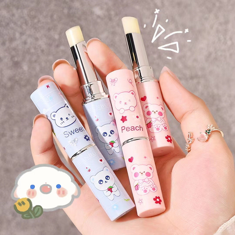 Hanboli Cute Bear Lip Balm, moisturizing, hydrating, peach and strawberry flavored, repairs and reduces lip lines.