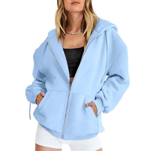 Cable-knitted outerwear, sporty shirt, casual drawstring zipper hooded sweatshirt with pockets